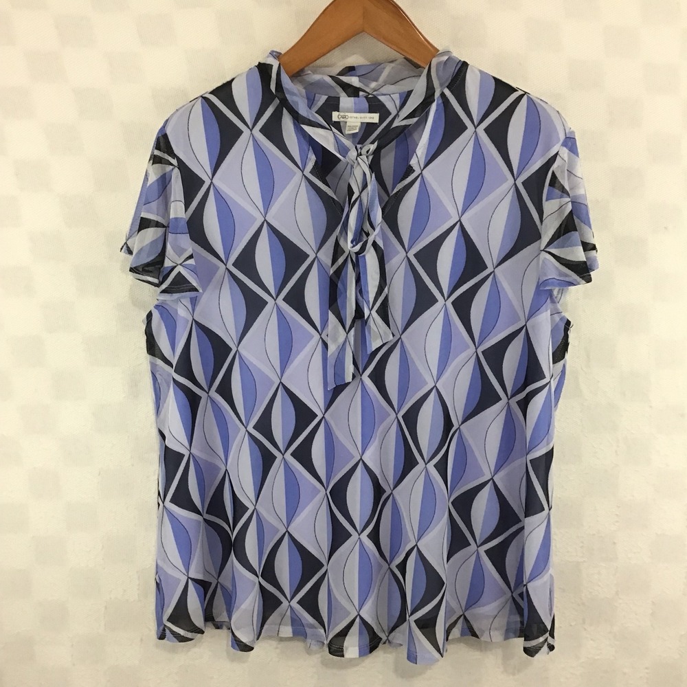 Cato Blue Geometric Mesh Tie Neck Blouse Plus Size 18/20W Short Sleeve Top